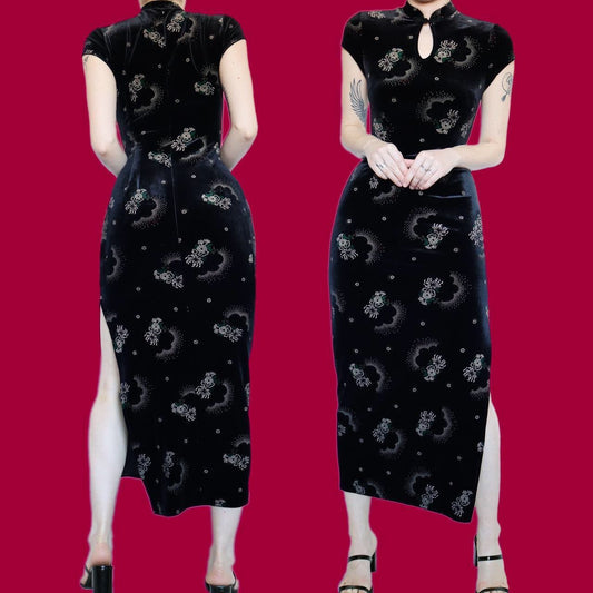 Black velvet short sleeve evening dress UK 10