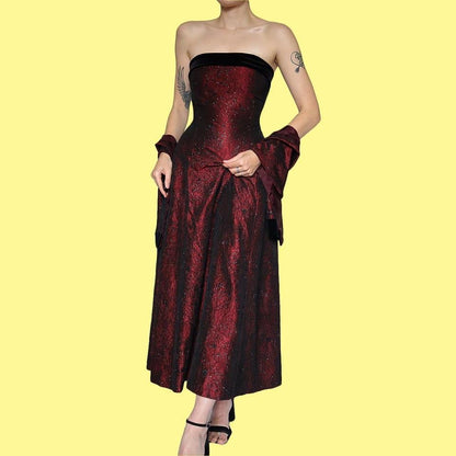 Glittery red Mosaic strapless evening gown & shawl UK 14