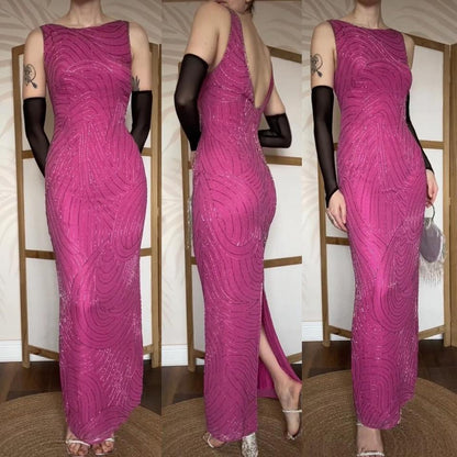 Fuchsia pink silk beaded evening dress UK 14
