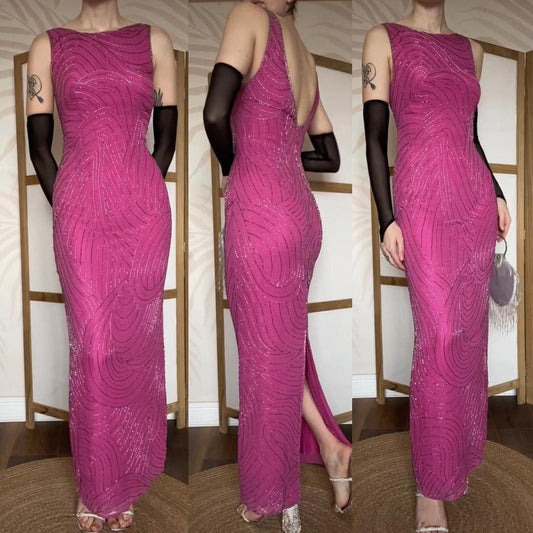 Fuchsia pink silk beaded evening dress UK 14