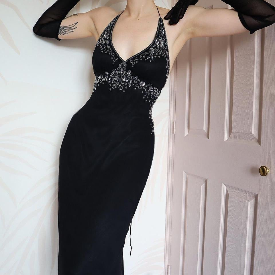 Black beaded halter neck evening dress UK 14