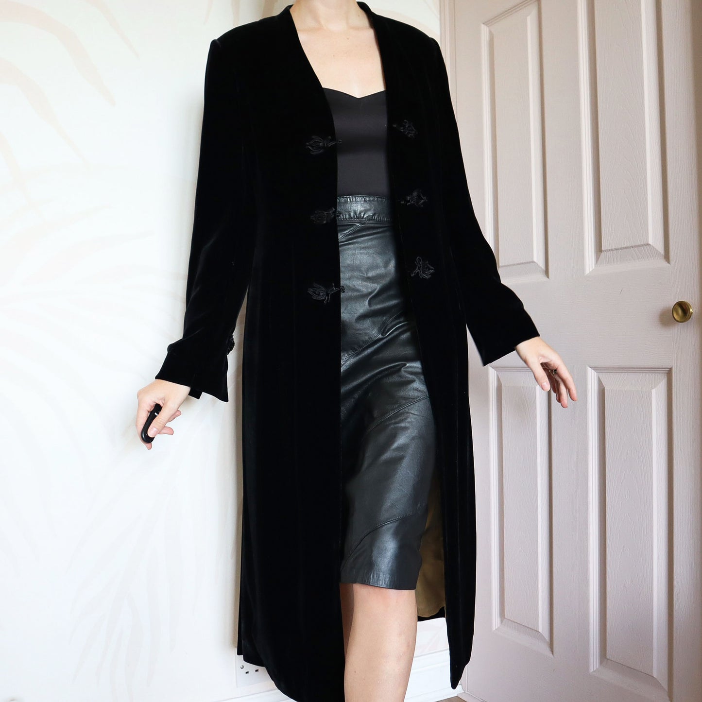 Black silk blend velvet long jacket UK 12