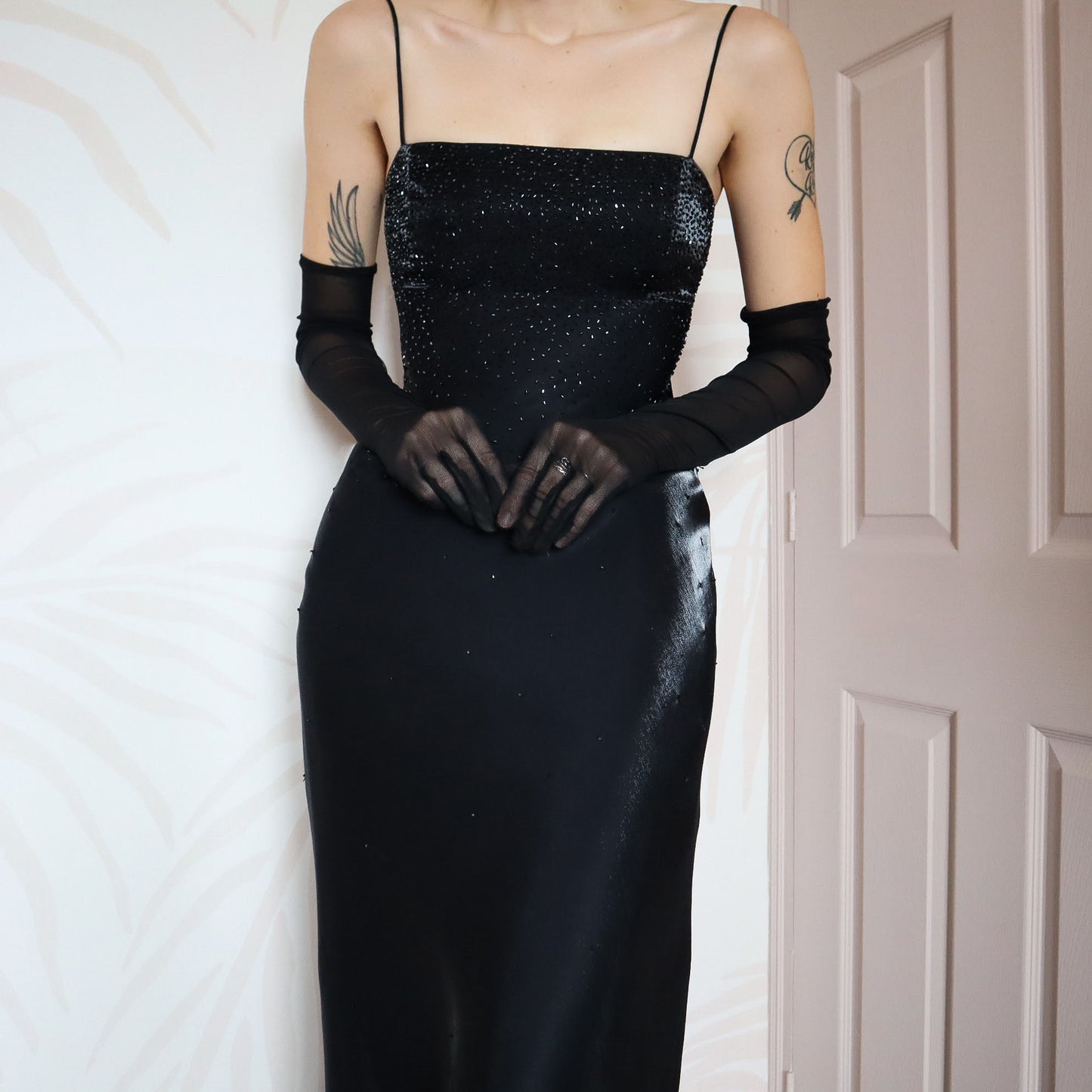 Silky black beaded evening dress UK 12