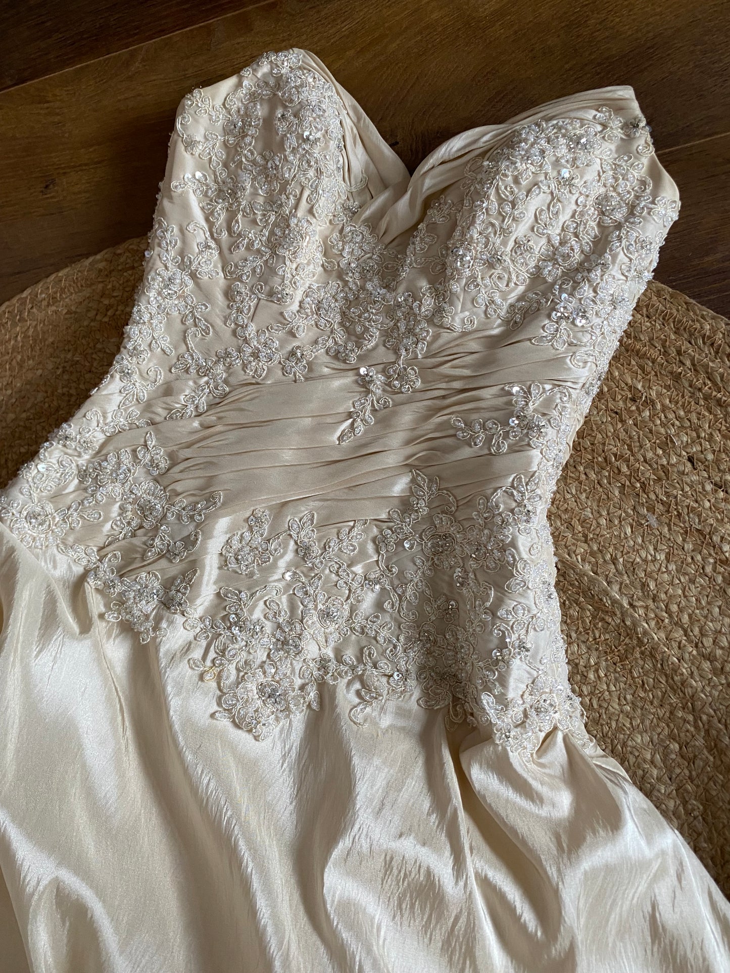 Champagne Maggie Sottero strapless a-line wedding dress uk 10