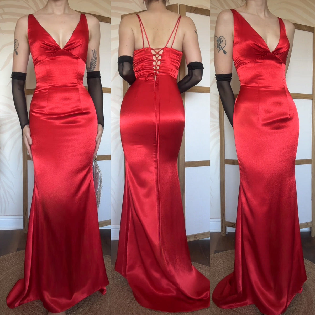 Red satin lace back evening dress uk 8-10