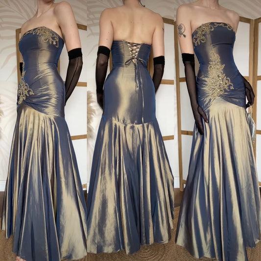 Iridescent strapless fishtail prom dress uk 8