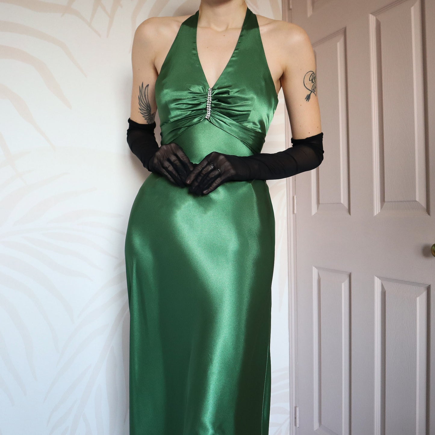 Green satin open back evening gown UK 12