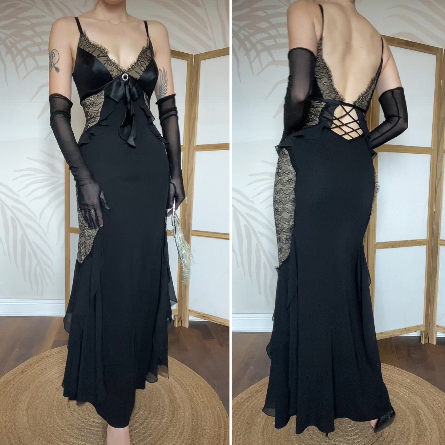 Dusk black stretch lace evening dress UK 12