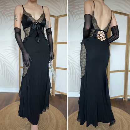 Dusk black stretch lace evening dress UK 12