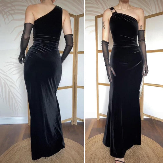 Laundry 90s black one shoulder velvet evening dress UK 14