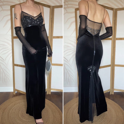 Black Dave & Johnny velvet beaded stretch evening dress UK 14