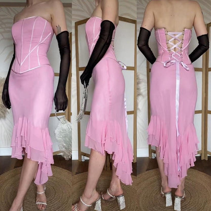 Baby pink silk strapless corset evening dress uk 8