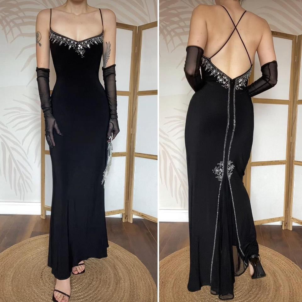 Black stretchy beaded & gem evening dress uk 12