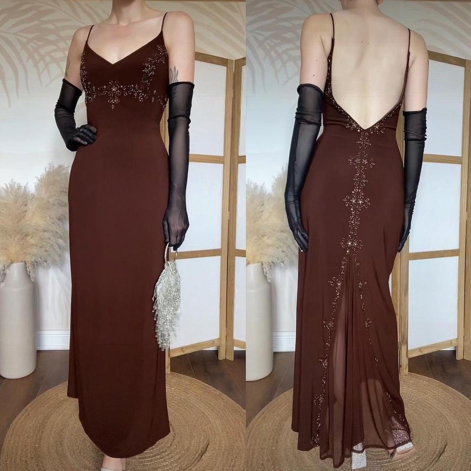 Dave & Johnny brown stretch beaded dress uk 10-12