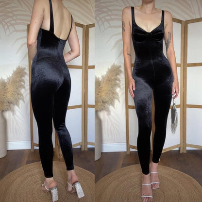 Black velvet stretch bodycon jumpsuit uk 6/8