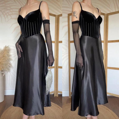 Simon Ellis black velvet/satin midi dress uk 10-12