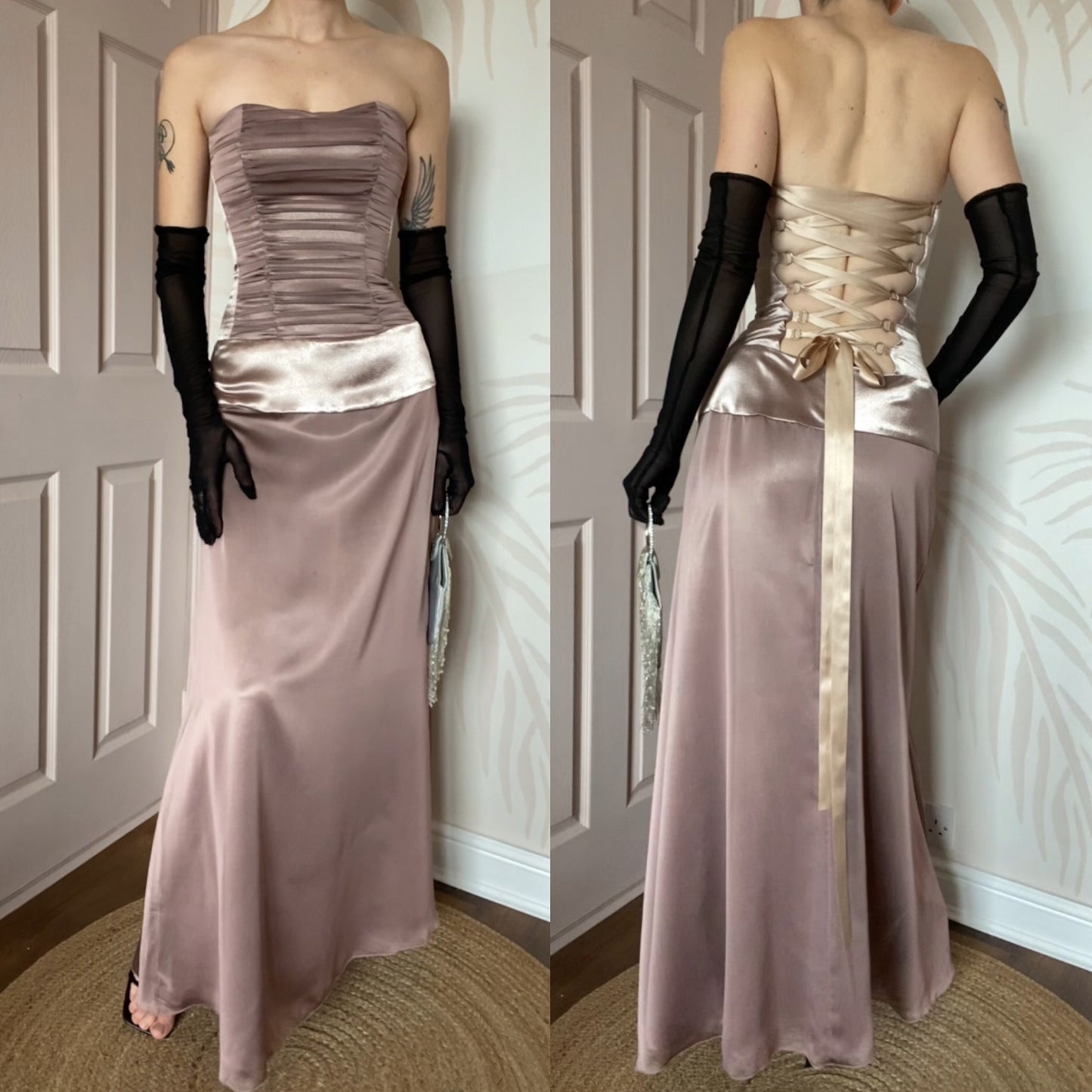 Taupe Charas strapless lace up evening dress UK 8-10