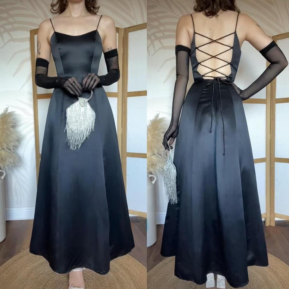 Black lace up back a-line prom dress uk 6