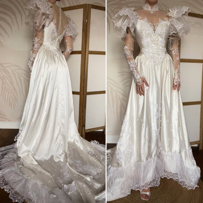 80s lace satin wedding dress with removable sleeves UK 10
