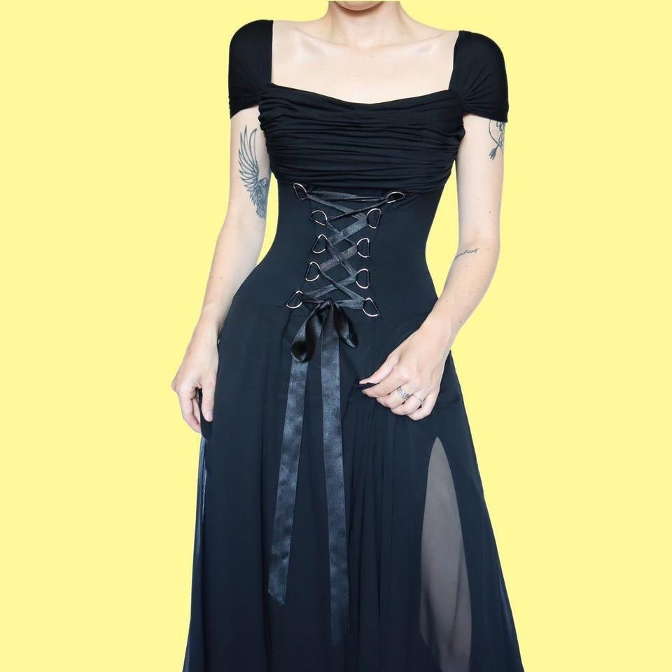 Black stretch gothic lace up evening dress UK 10