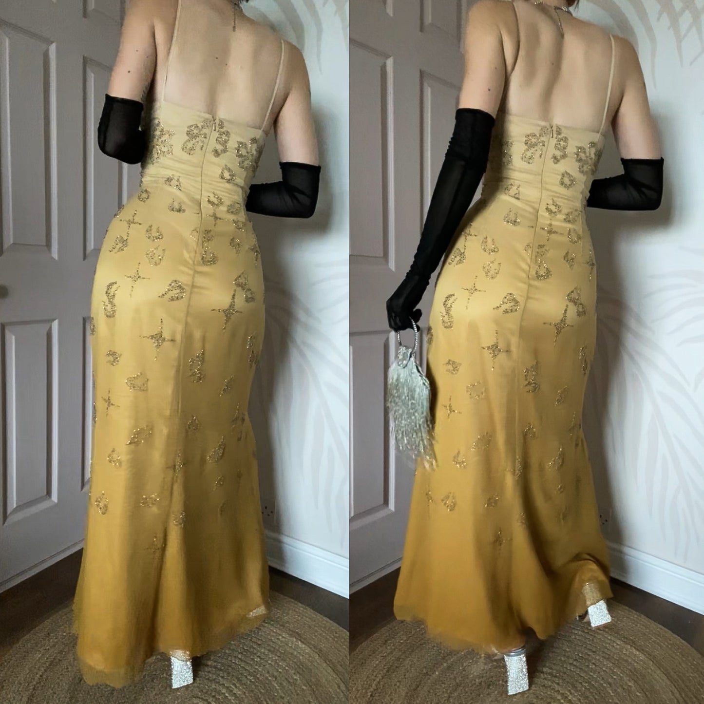 100% silk Goya tan/yellow beaded evening dress UK 14-16