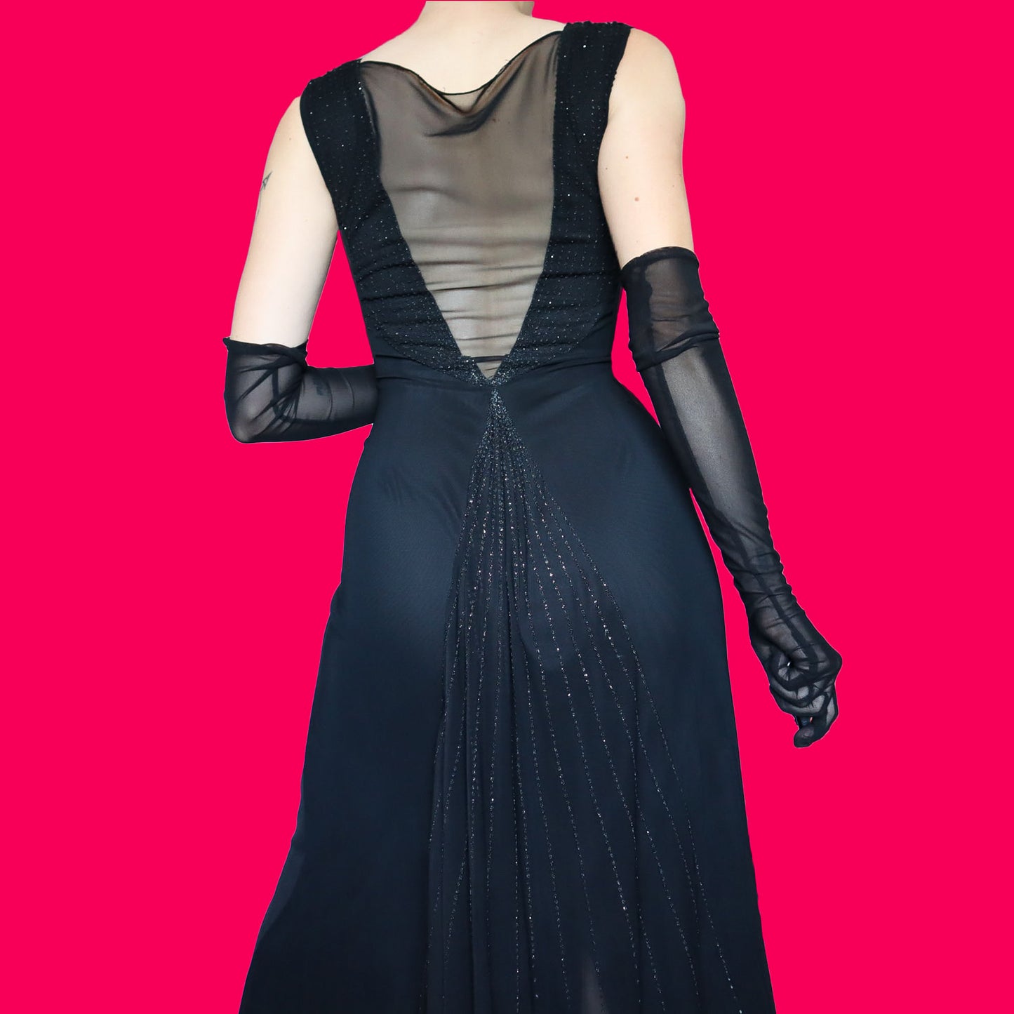 Tadashi black stretch sheer back evening dress UK 14