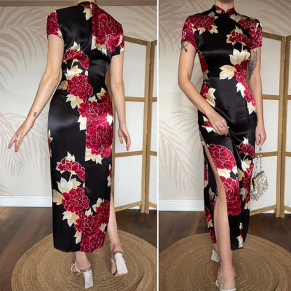 Charlotte Halton silky black floral dress UK 12