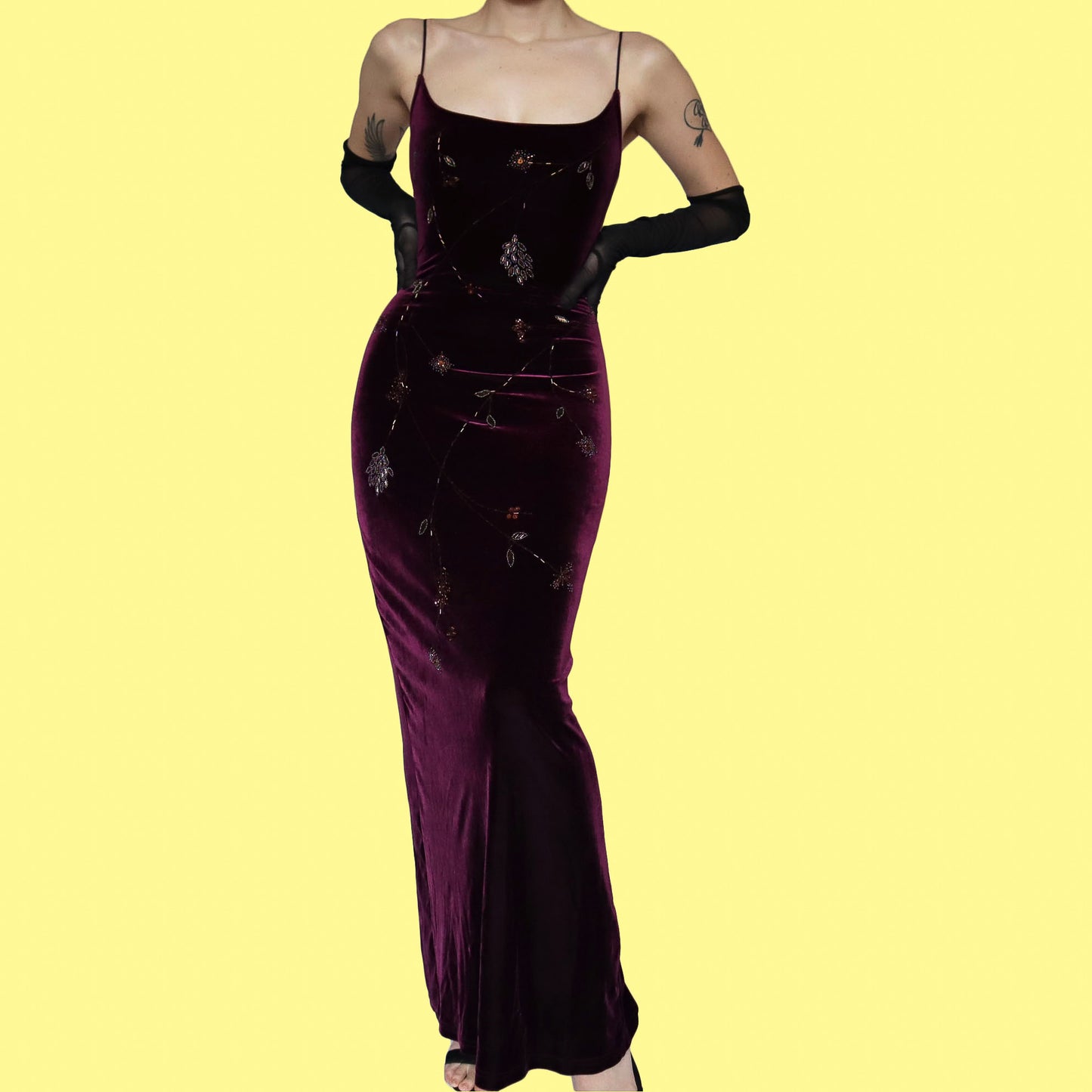 Dark purple velvet stretch beaded evening dress UK 12