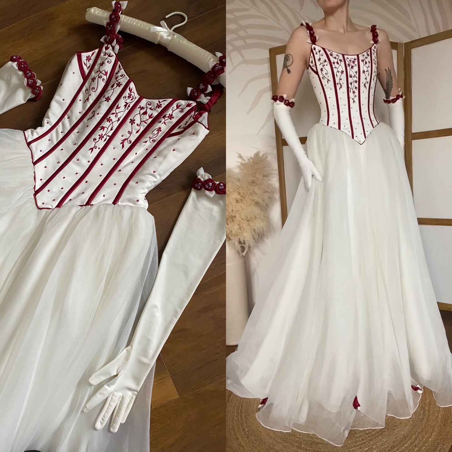 Gorgeous white & red wedding dress & gloves uk 10