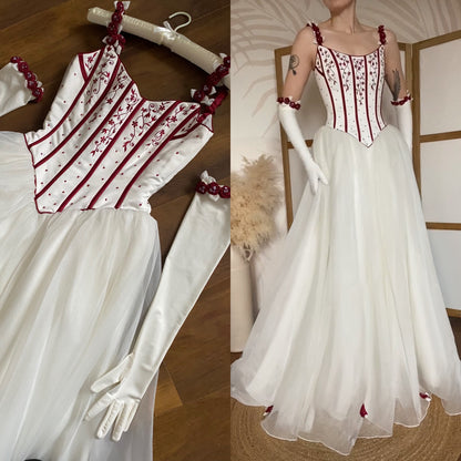 Gorgeous white & red wedding dress & gloves uk 10