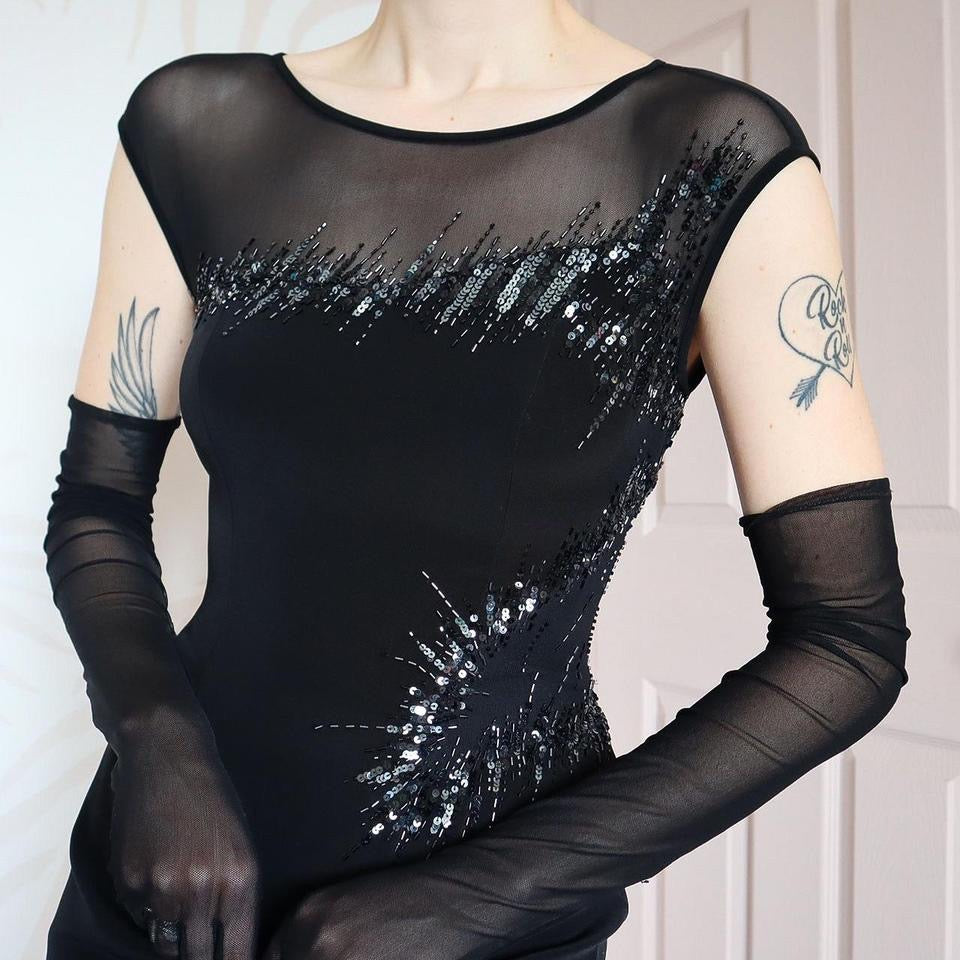 Frank Usher black fitted sequin evening dress UK 10