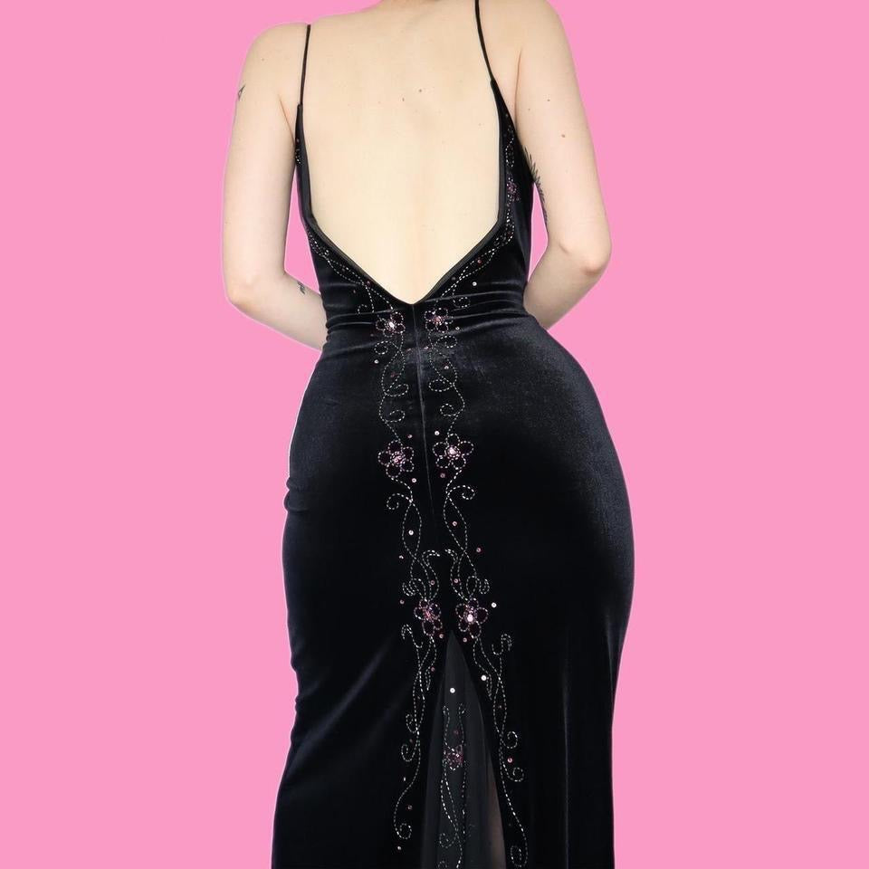 Flori Vintage 90s Black Velvet Beaded Evening Gown UK 10