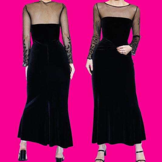 Black velvet long sleeve evening dress UK 12