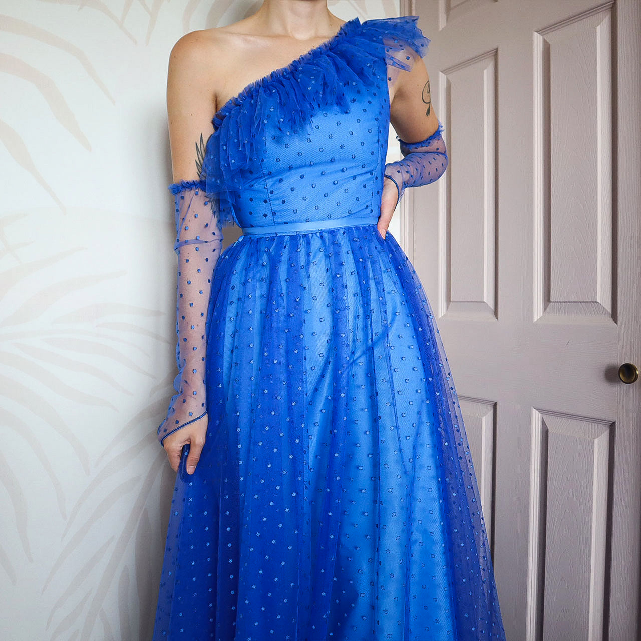 Bright blue 80s polka dot lace one shoulder gown UK 8-10