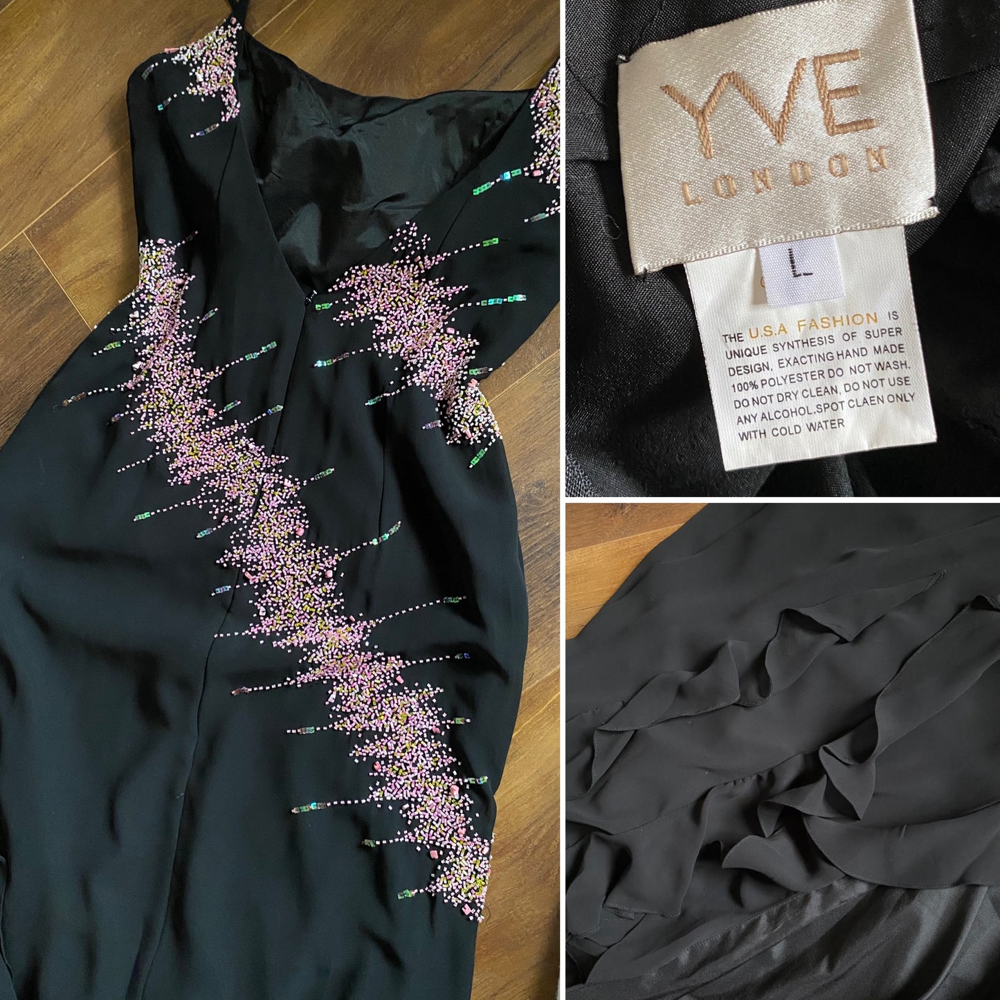YVE London black & pink beaded evening dress uk 12-14