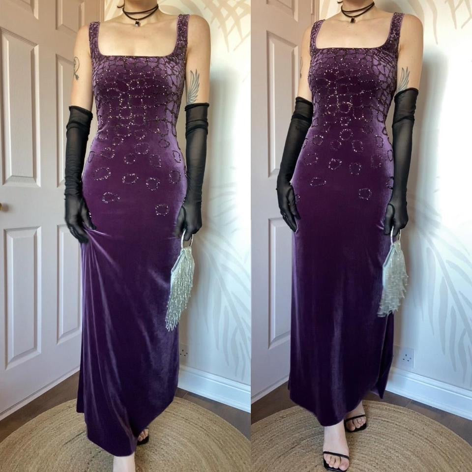 Frank Usher purple velvet beaded gown UK 16