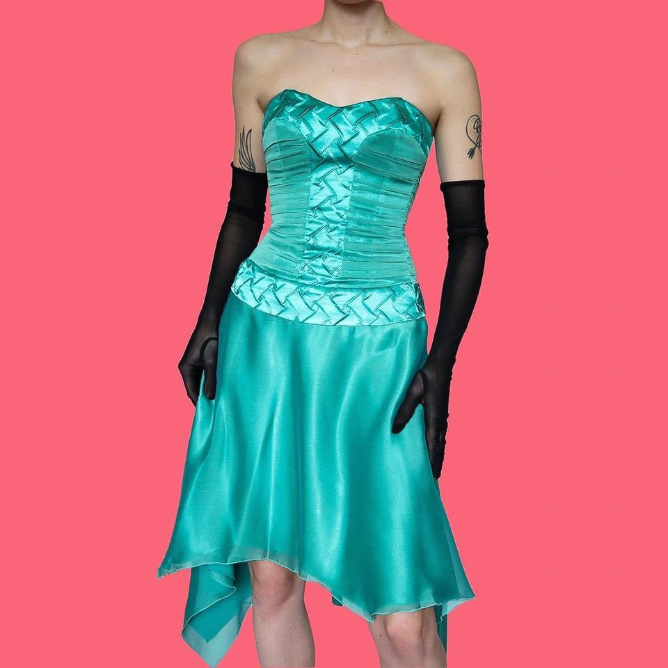 Teal strapless lace up midi dress UK 8-10