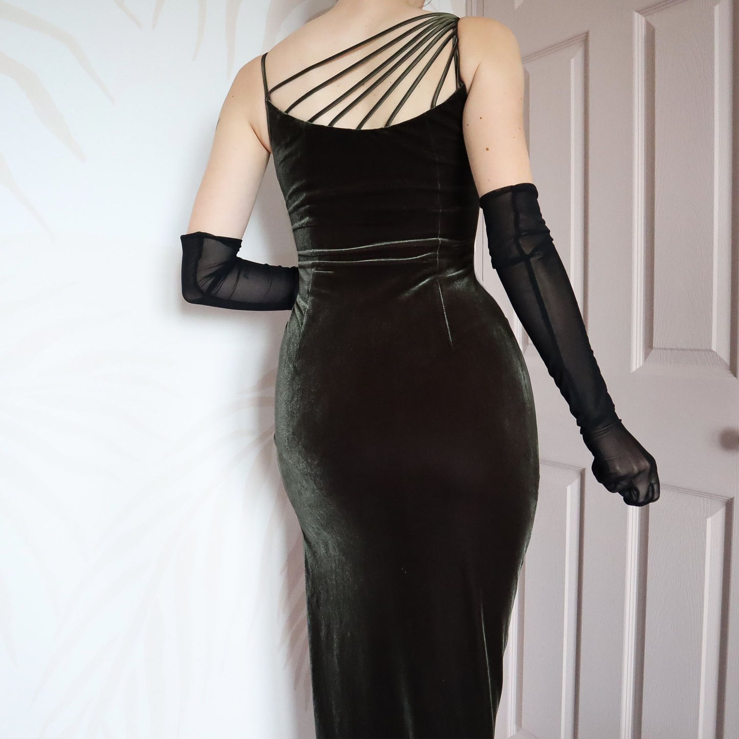 Green velvet stretch evening dress UK 10
