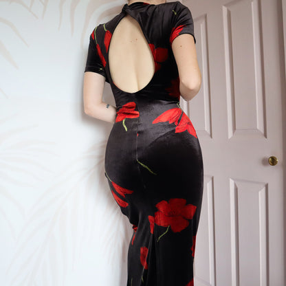 Black velvet floral evening gown UK 14