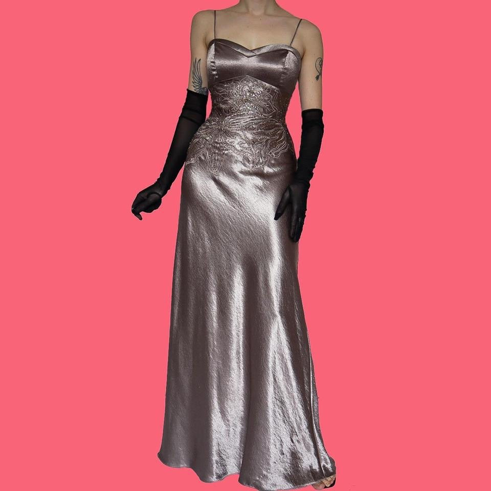 Niki Livas silver evening gown UK 12