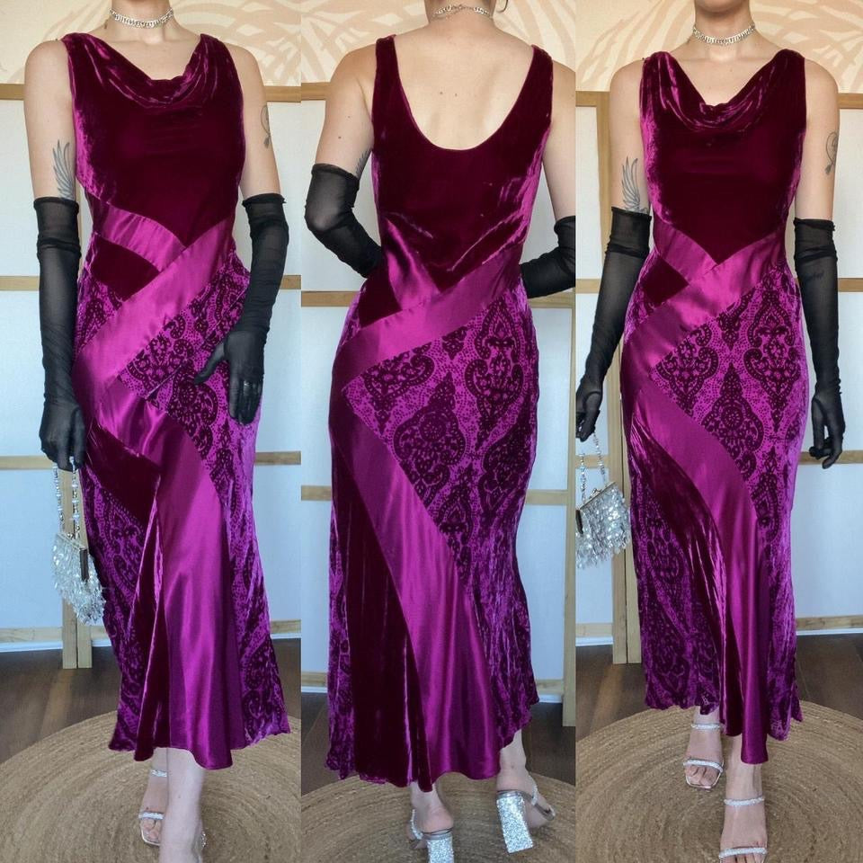 Silk blend dark pink velvet & satin slip dress UK 12-14