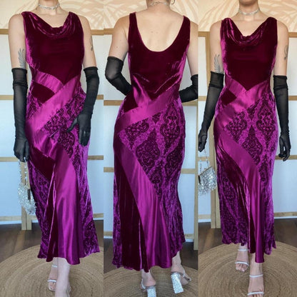 Silk blend dark pink velvet & satin slip dress UK 12-14