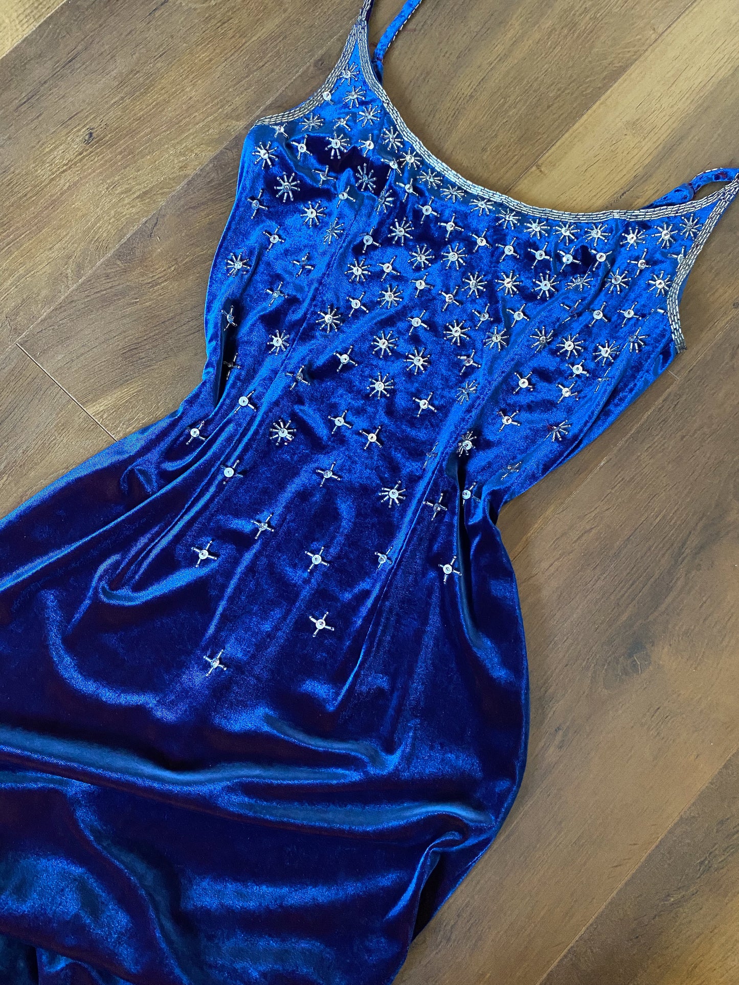 Frank Usher blue velvet stretch beaded evening dress UK 12