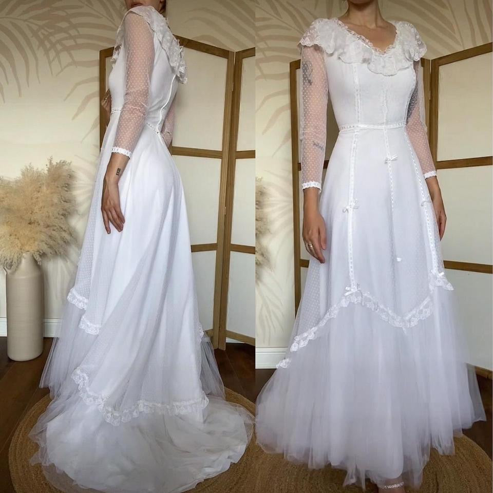 Vintage Ellis 70s white polka dot lace wedding dress uk 10-12