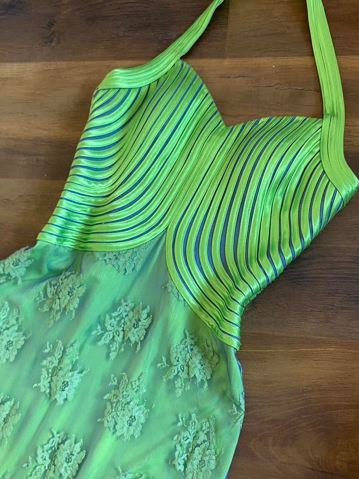 Electric green stretch lace halter-neck evening dress uk 12