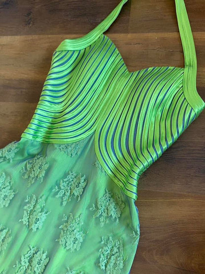 Electric green stretch lace halter-neck evening dress uk 12