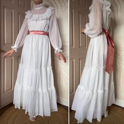 White 70s long sleeve wedding dress UK 6-10