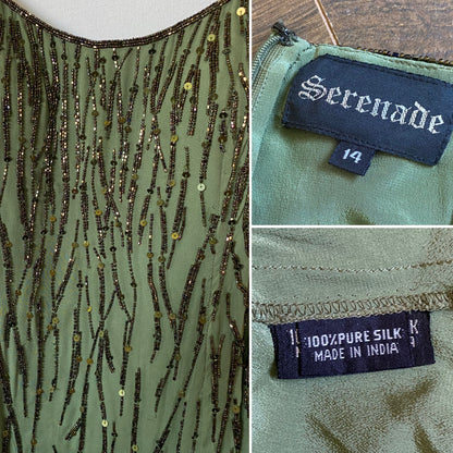 Green pure silk beaded evening dress uk 12