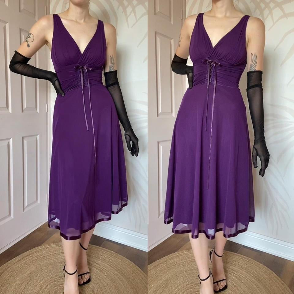 Purple stretch evening midi dress UK S