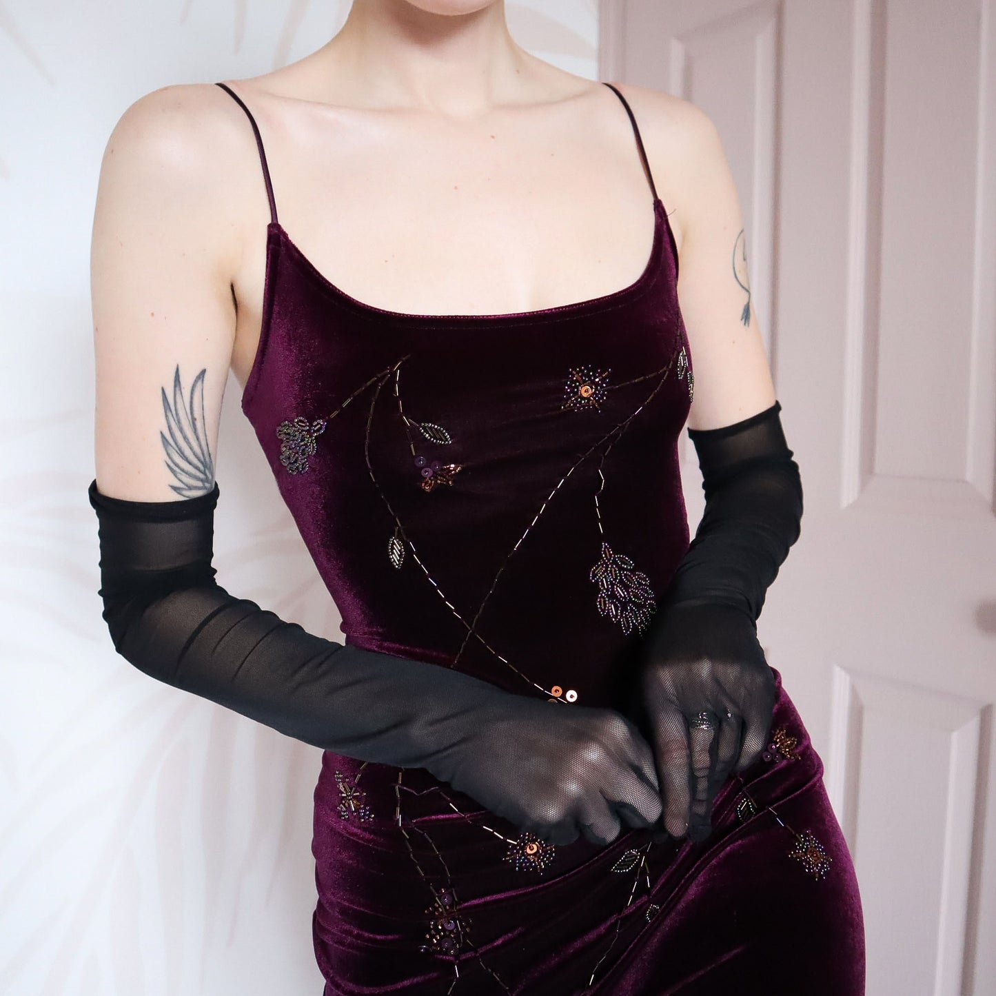 Dark purple velvet stretch beaded evening dress UK 12